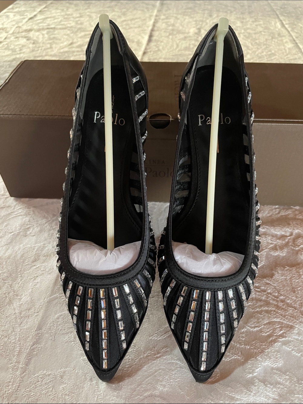 Paolo Elegant Black Pointed Toe Flats Rhinestone Accent Leather sole Sz 5 1/2